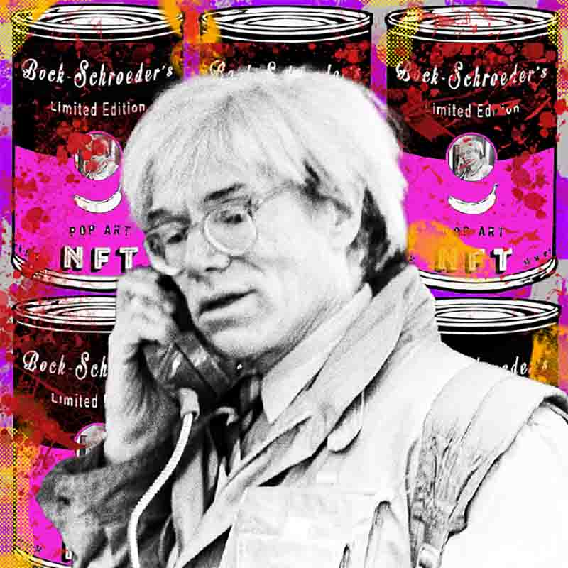 Eine digitale NFT Darstellung von Andy Warhols berühmtem Dosenkunstwerk, das die Popkultur der 1960er Jahre reflektiert.