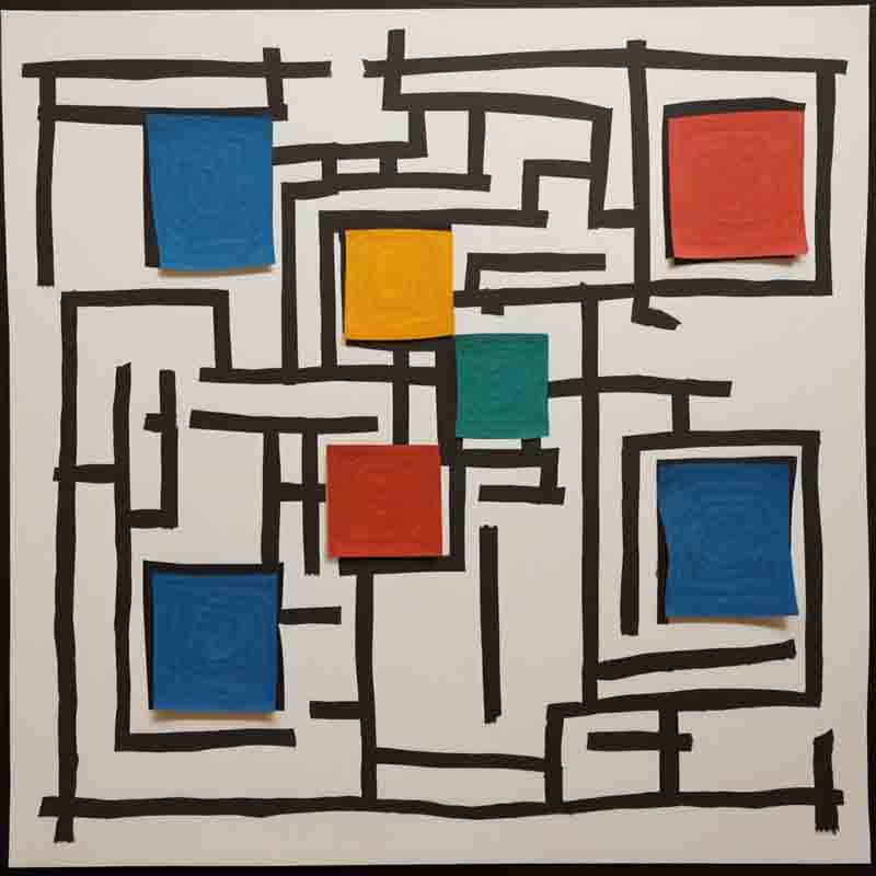 Ein Labyrinth das aus einer Anordnung von farbigen Quadraten und Linien in einem strukturierten, abstrakten Stil besteht und zur Verdeutlichung von Supervision dargestellt ist.